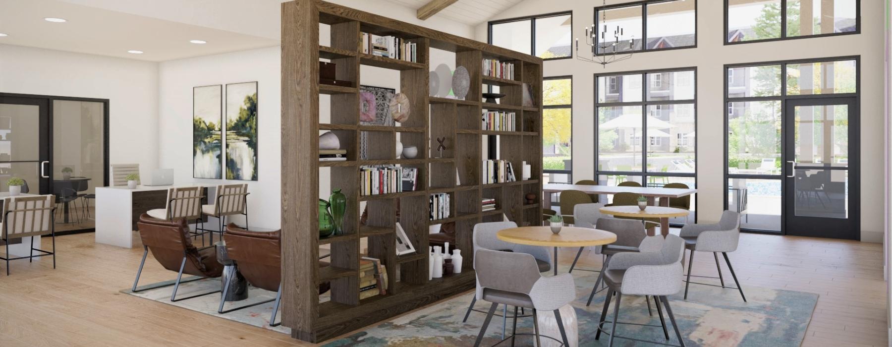 a room with a table chairs and a bookcase